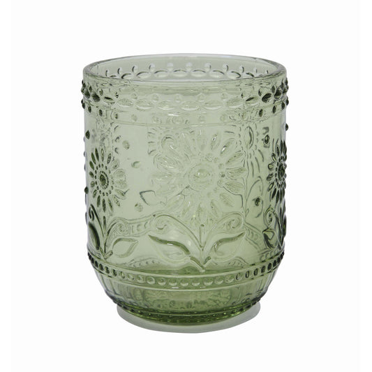 Green embossed floral pressed glass 12 oz drinking glass tumbler

