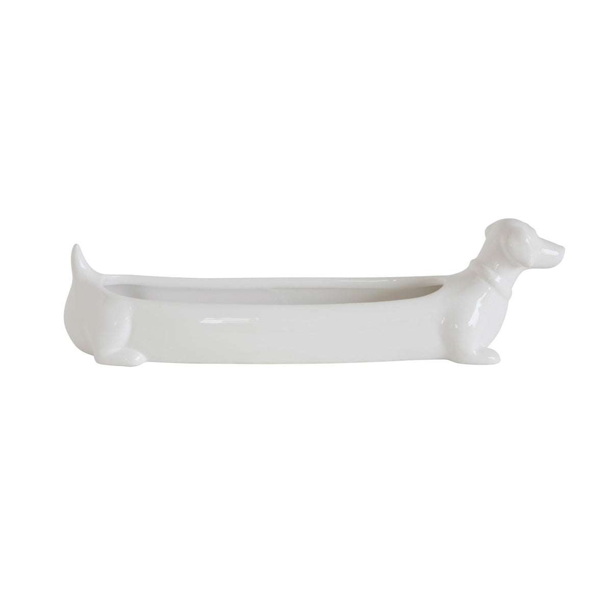 White ceramic dachshund cracker dish filled with crackers