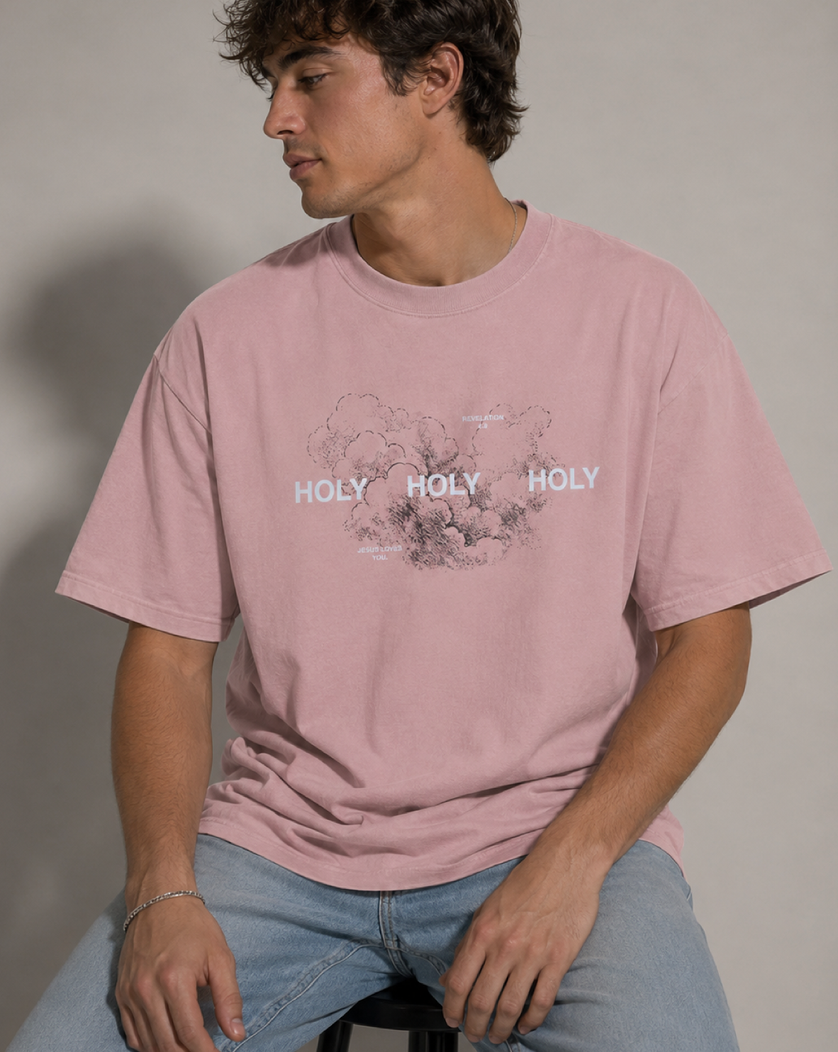 Model wearing pink Holy Holy Holy Christian graphic tee inspired by Isaiah