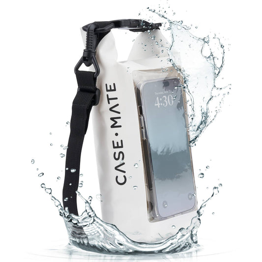 Case-Mate white waterproof mini phone bucket bag with IP68 protection at the beach