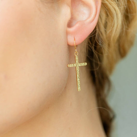 Gold Long Gilded Cross Earrings