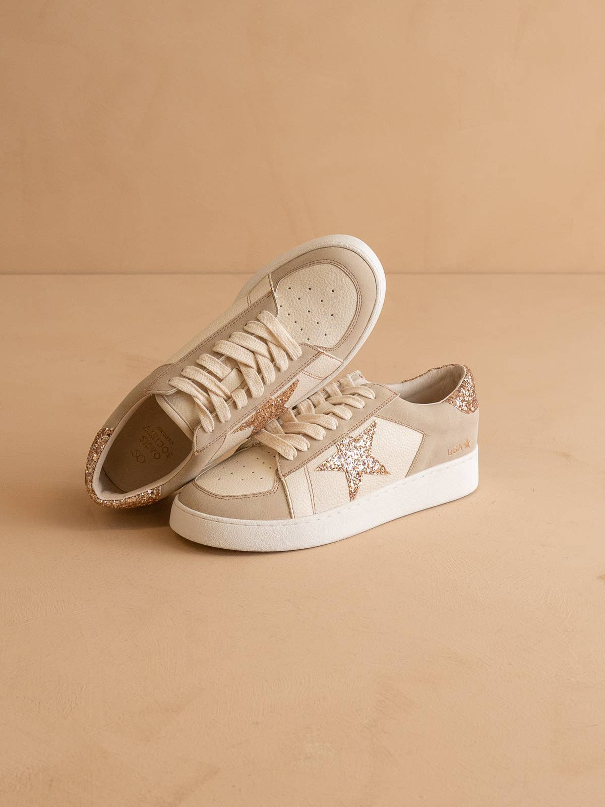 Golden Hour Star Sneakers | Women's Glitter Vegan Leather Low Top Sneakers