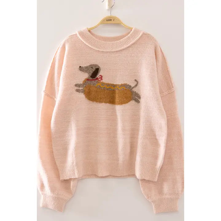 Very J Winnie Dachshund Sweater in blush pink with knitted hot dog graphic and relaxed fit