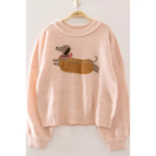 Very J Winnie Dachshund Sweater in blush pink with knitted hot dog graphic and relaxed fit
