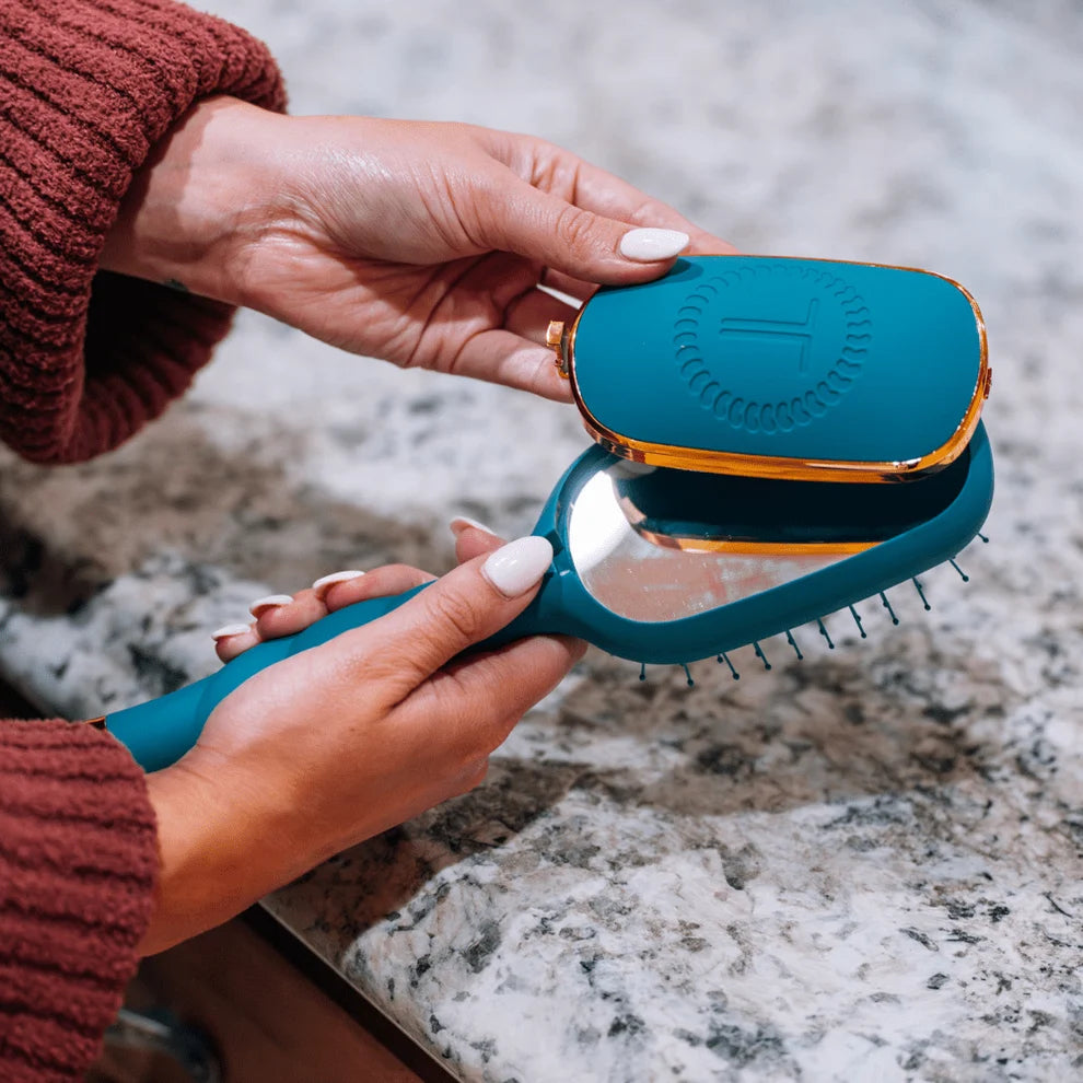 TELETIES Detangler Hair Brush for medium hair in Teal With It with built-in mirror and storage