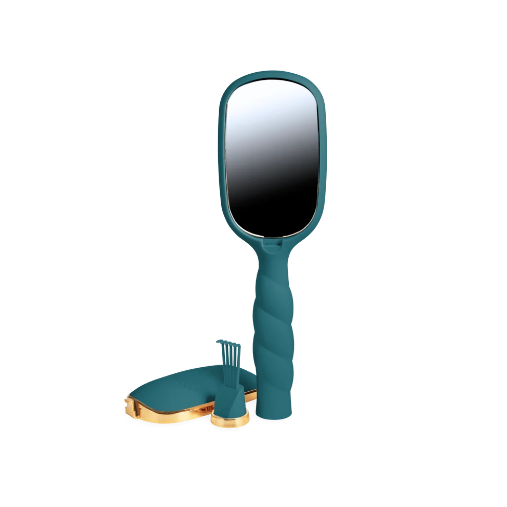 TELETIES Teal With It detangler hair brush with built-in mirror storage and removable cleaner