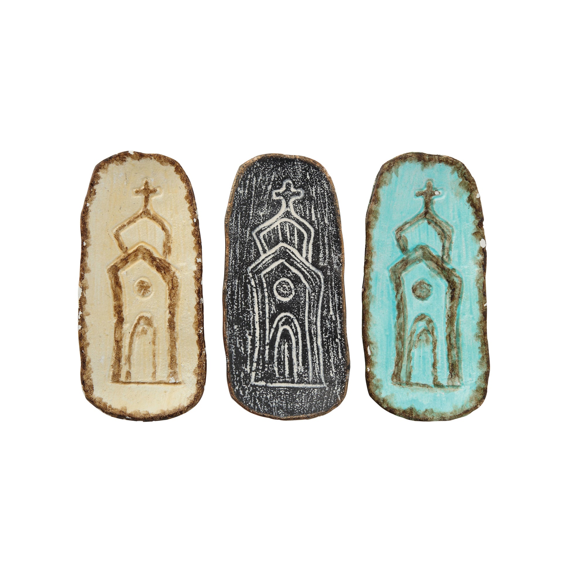 Embossed cast iron church decorative dishes in cream black and turquoise