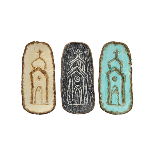 Embossed cast iron church decorative dishes in cream black and turquoise