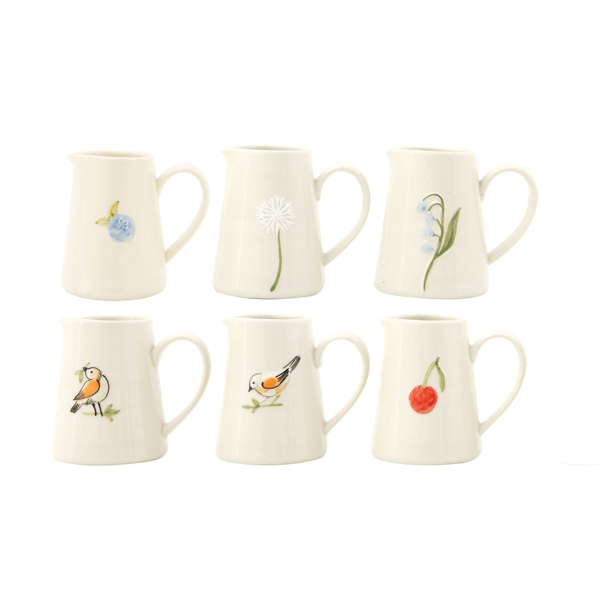 Six mini hand-painted stoneware creamers with floral fruit and bird designs
