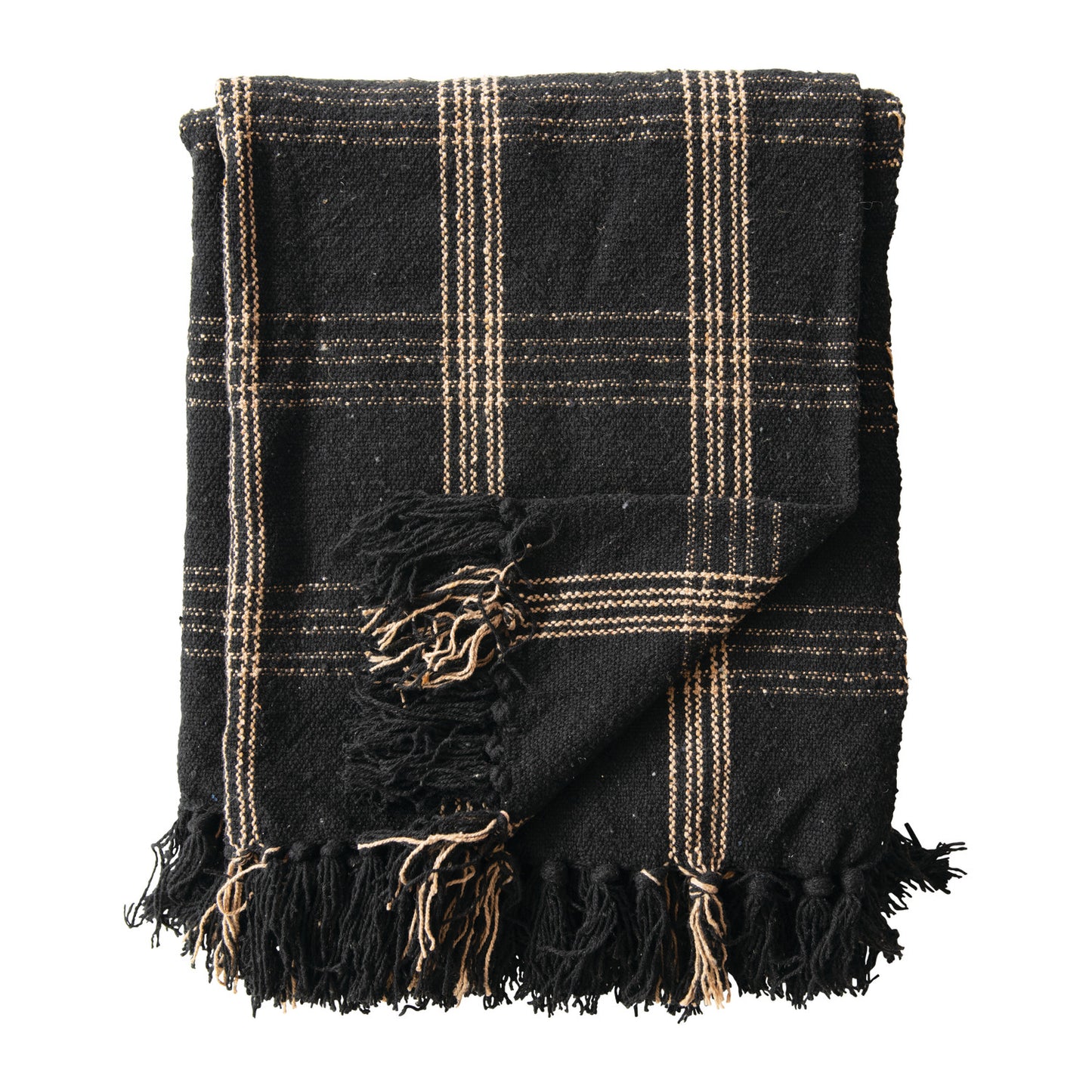 Black & Tan Plaid Woven Cotton Throw w/ Fringe