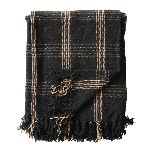 Black & Tan Plaid Woven Cotton Throw w/ Fringe