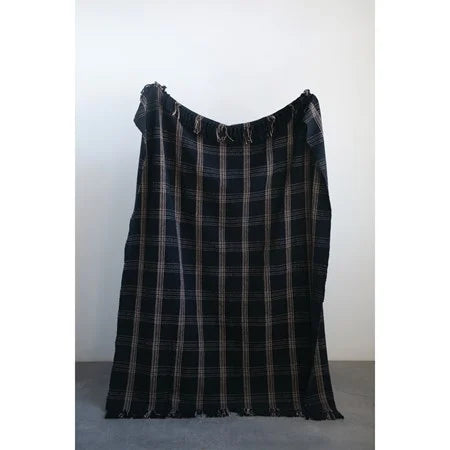 Black & Tan Plaid Woven Cotton Throw w/ Fringe