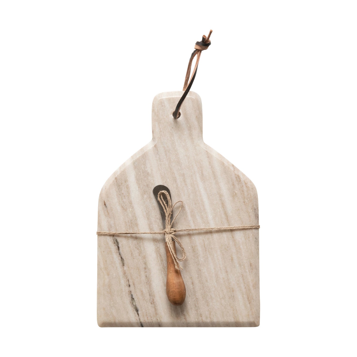 Buff marble cheese and charcuterie board with acacia wood canapé knife and leather hanging tie