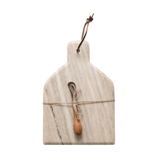 Buff marble cheese and charcuterie board with acacia wood canapé knife and leather hanging tie