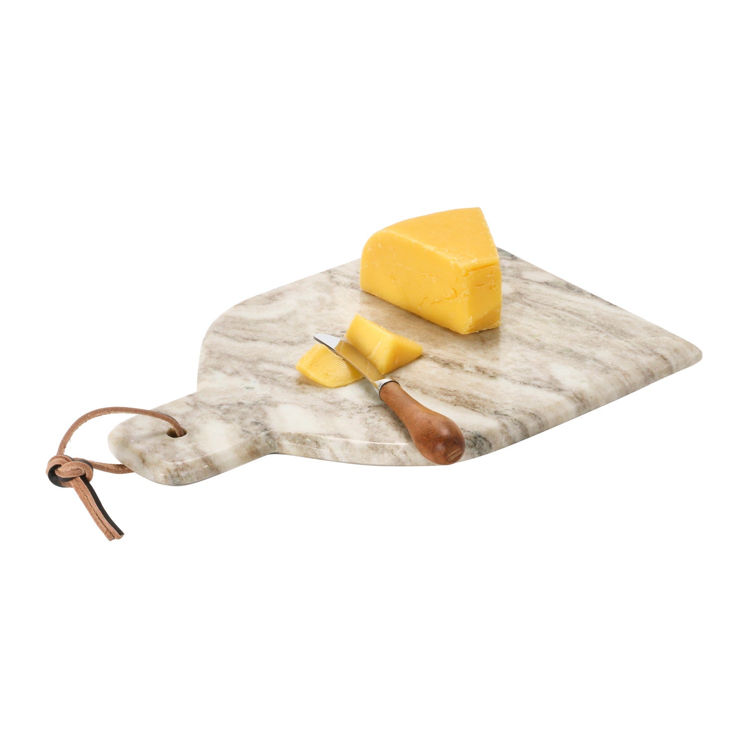 Buff marble cheese and charcuterie board with acacia wood canapé knife and leather hanging tie