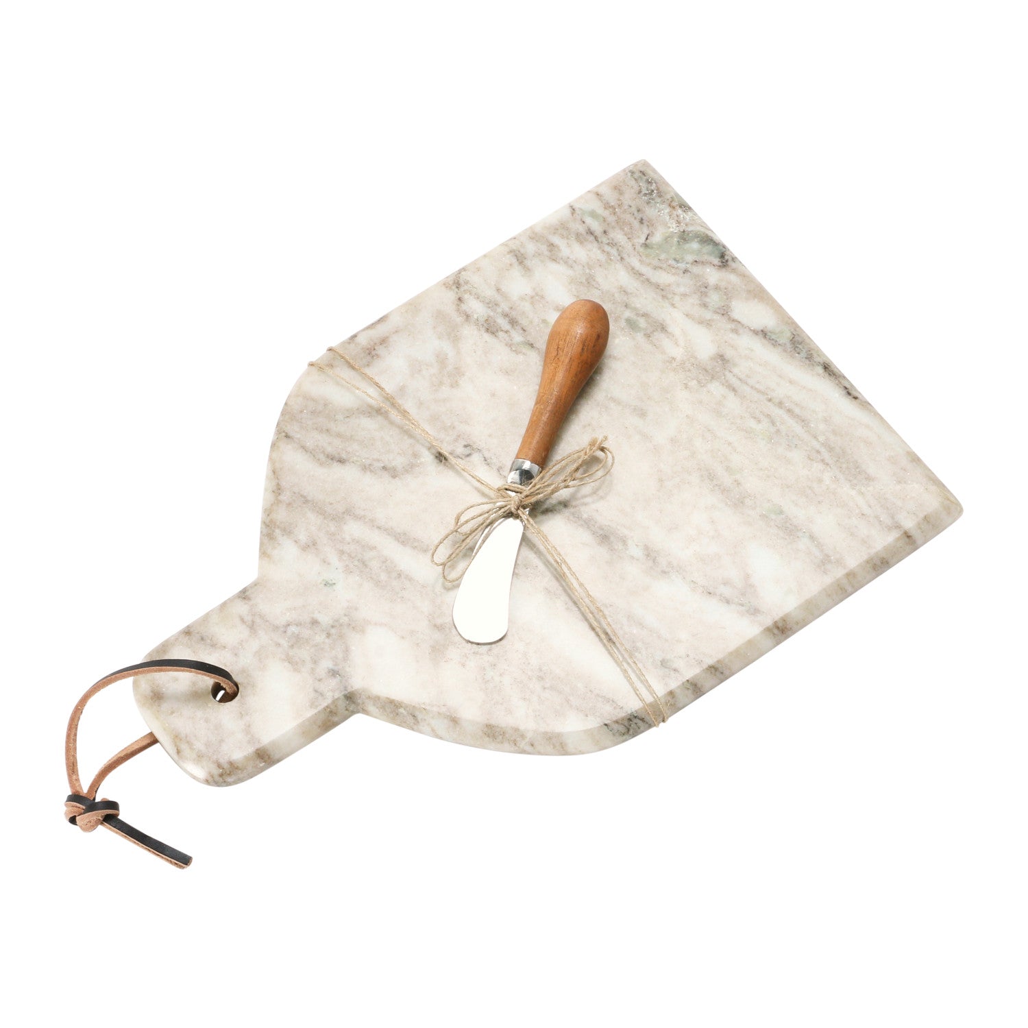 Buff marble cheese and charcuterie board with acacia wood canapé knife and leather hanging tie