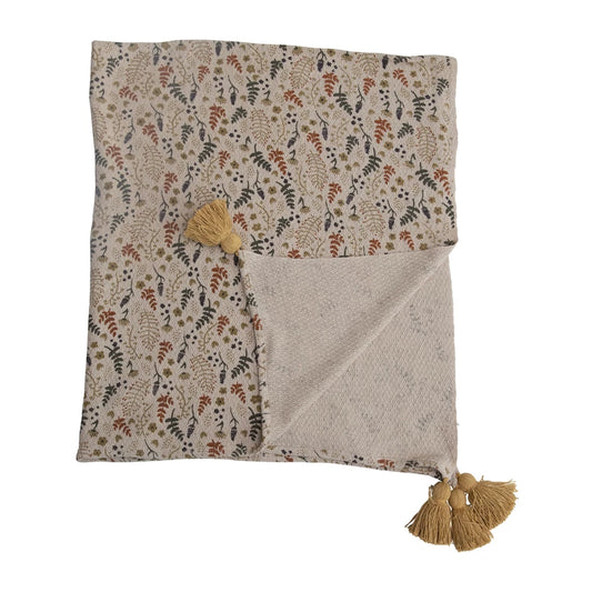 Floral Pattern Woven Throw w/ Tassels