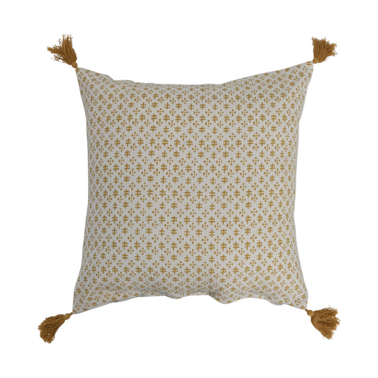 Cream and mustard 20 inch cotton throw pillow with geometric pattern and corner tassels