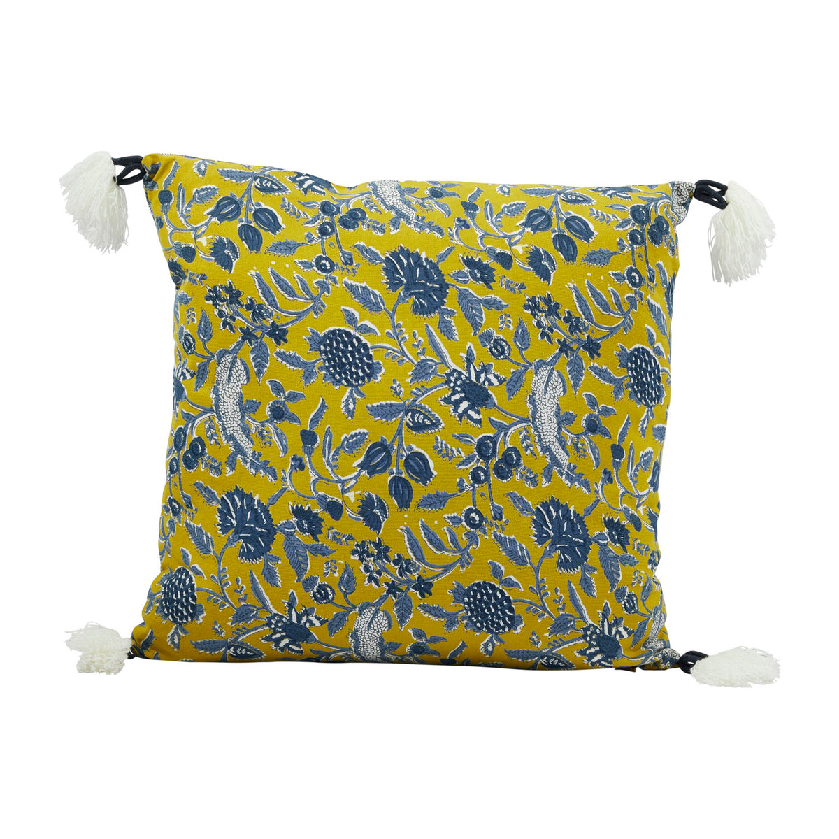 Blue and chartreuse 18 inch cotton floral throw pillow with white corner tassels
