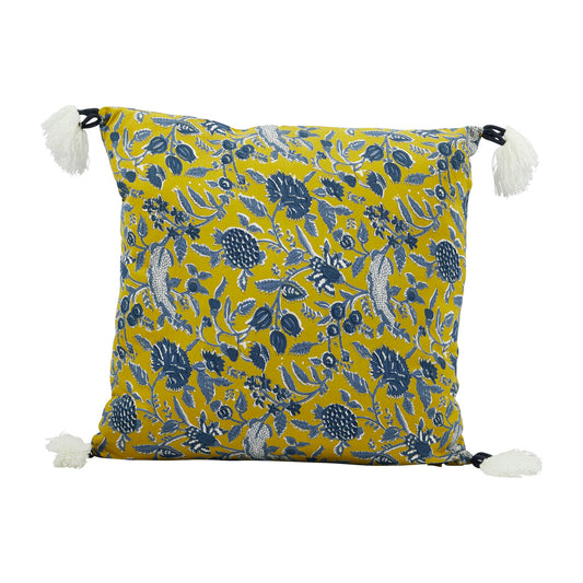 Blue and chartreuse 18 inch cotton floral throw pillow with white corner tassels
