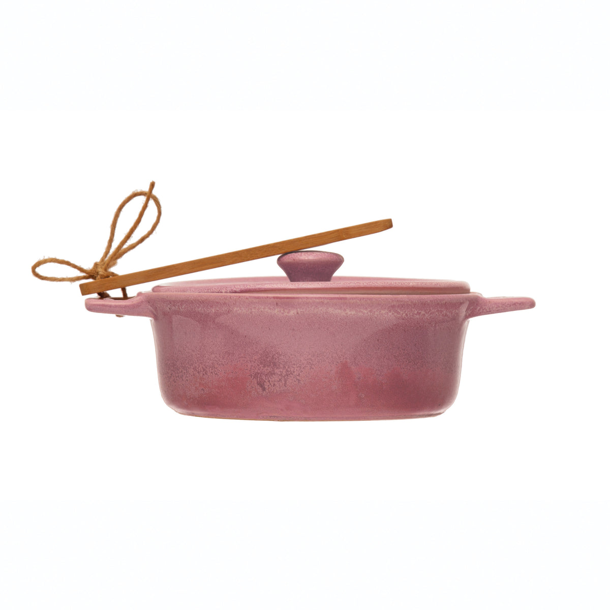 Pink stoneware brie baker with lid and bamboo spreader