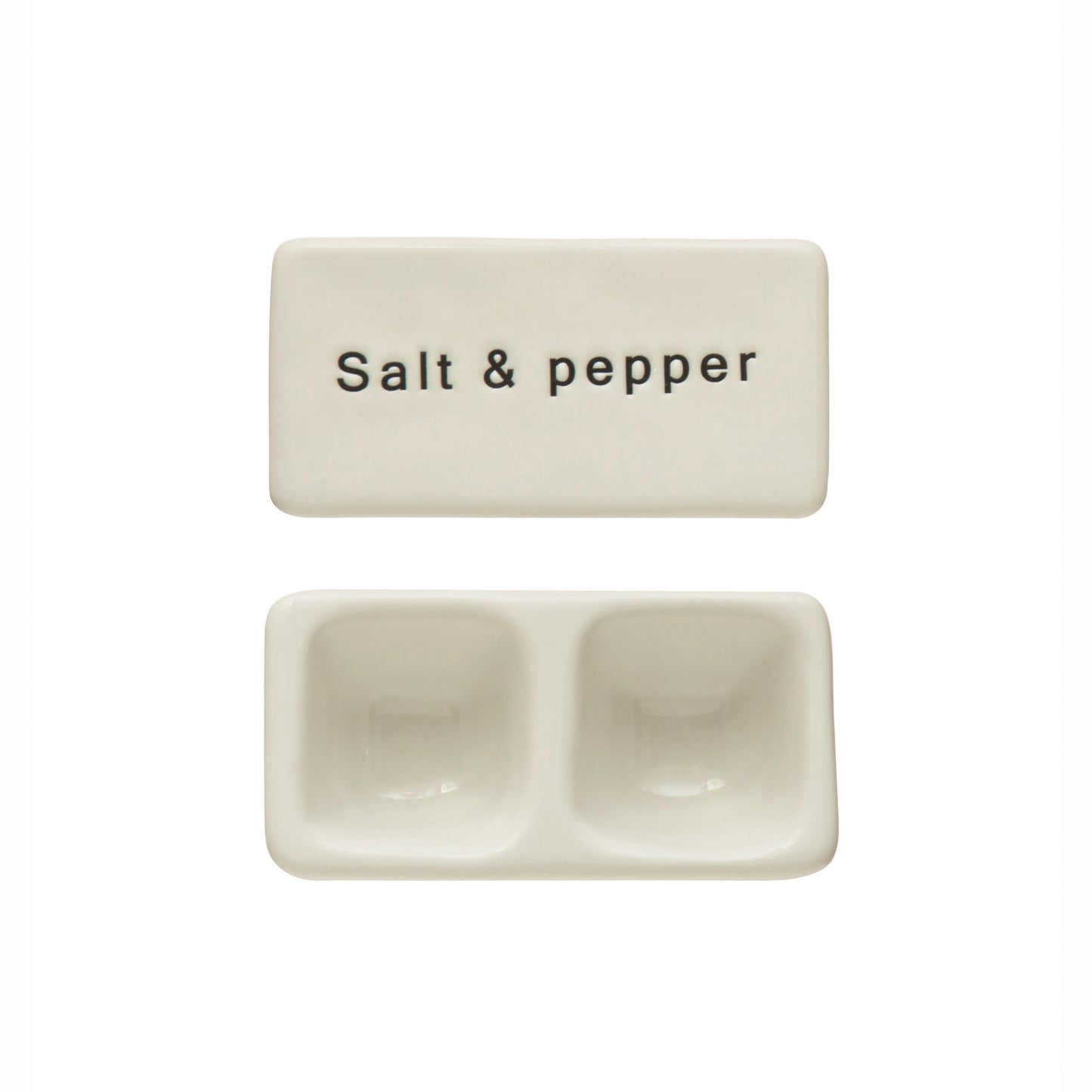 White stoneware salt and pepper pinch pot with lid and two compartments