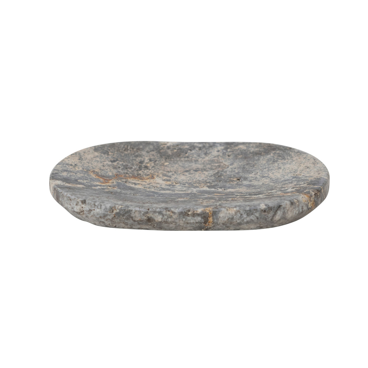 Grey oval natural travertine stone soap dish with unique veining

