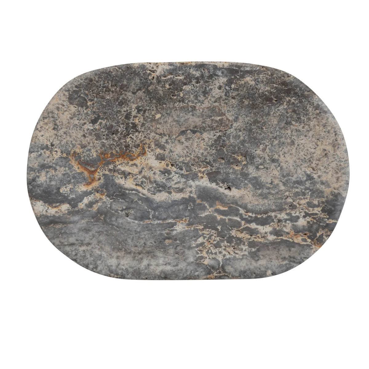 Grey oval natural travertine stone soap dish with unique veining
