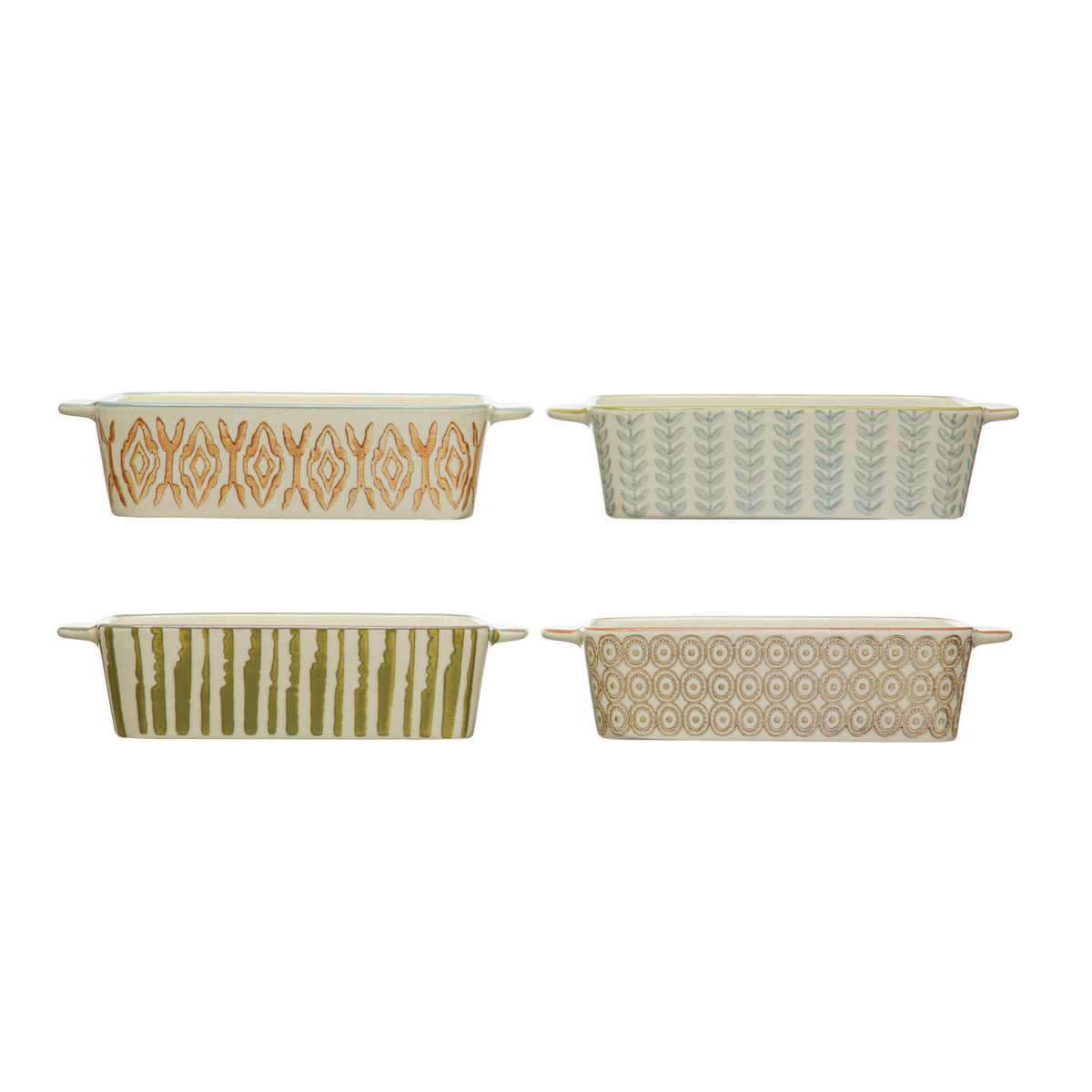 Four hand-stamped stoneware baking dishes in orange geometric, blue botanical, green stripe and brown medallion patterns
