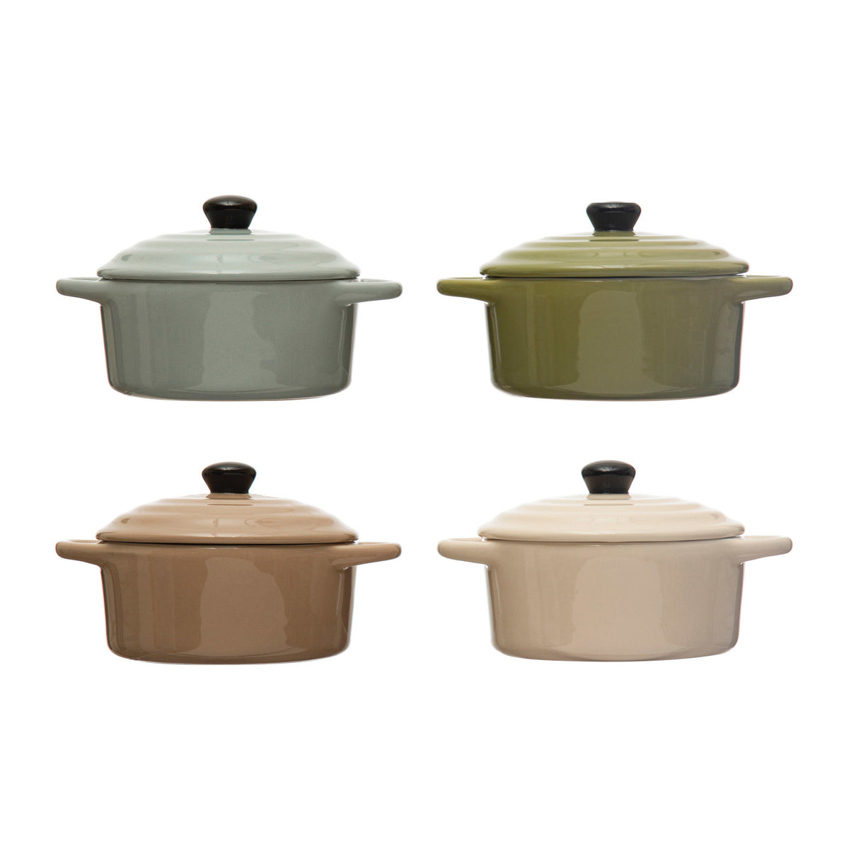 Mini stoneware cocottes with lids in four colors with individual baked casserole