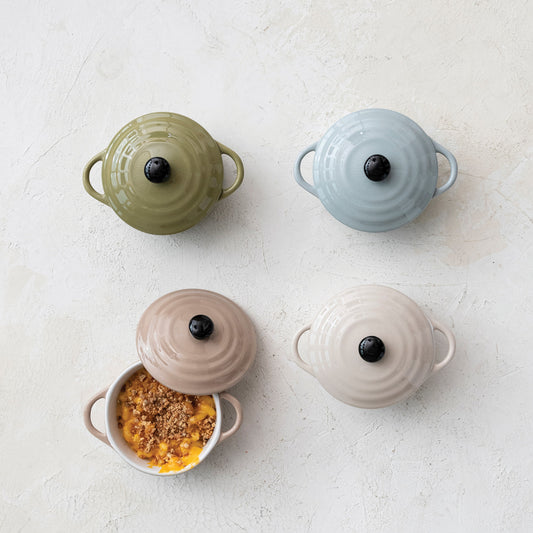 Stoneware mini cocottes with lids in sage green powder blue mocha and cream
