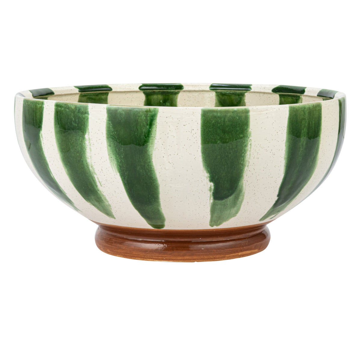 Hand-painted green and white striped stoneware footed serving bowl with brown base
