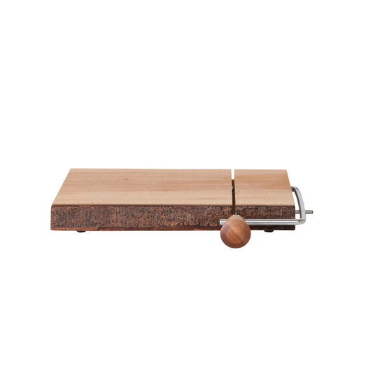 Live edge mahogany wood cheese slicer with natural bark edge and stainless steel wire
