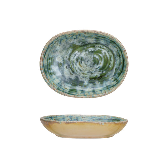 Teal reactive crackle glaze stoneware trinket dish with embossed design