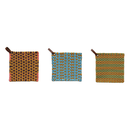 Colorful woven cotton pot holders with leather hanging loops in sage, pink and blue