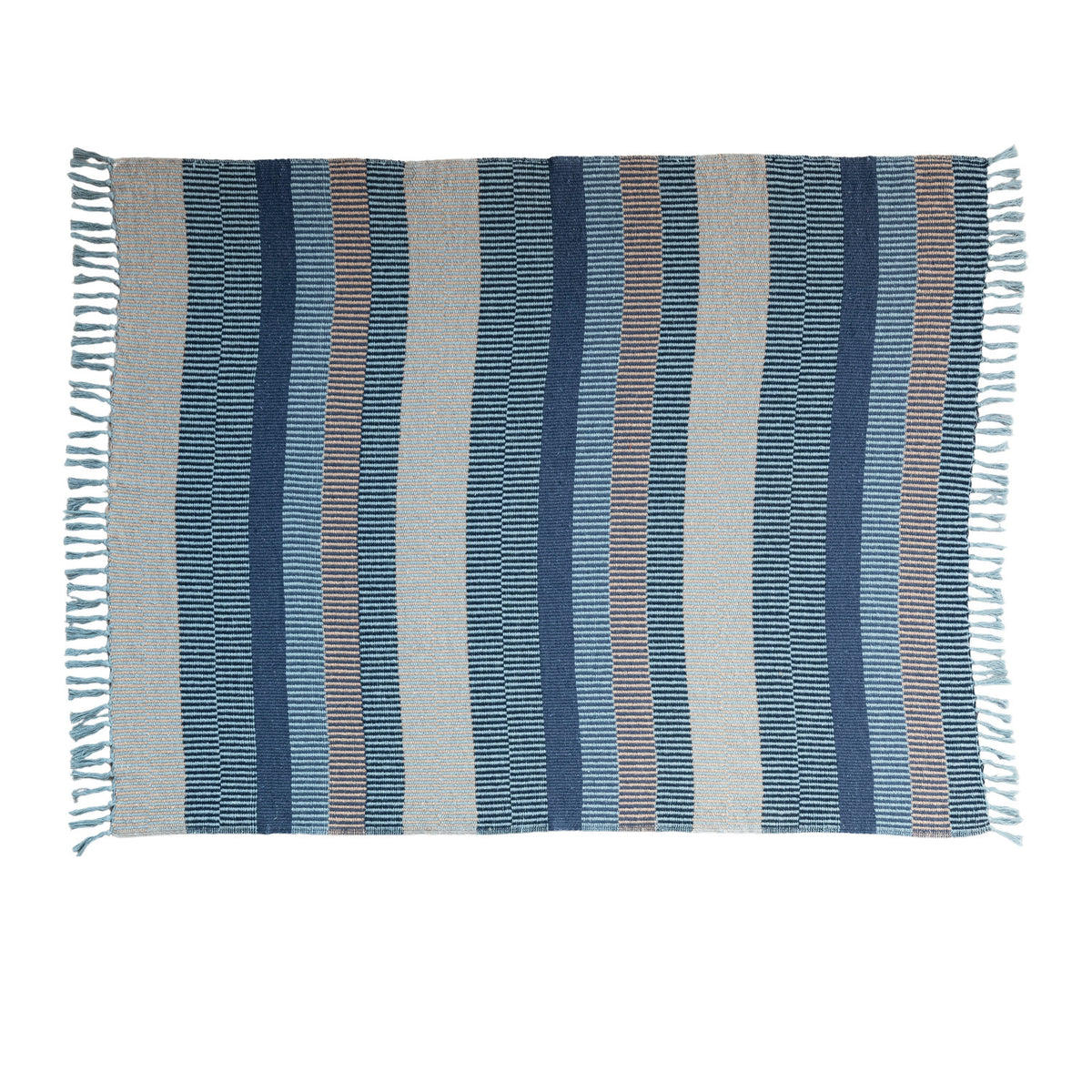 Blue Ridge blue and natural striped woven recycled cotton throw blanket with fringe
