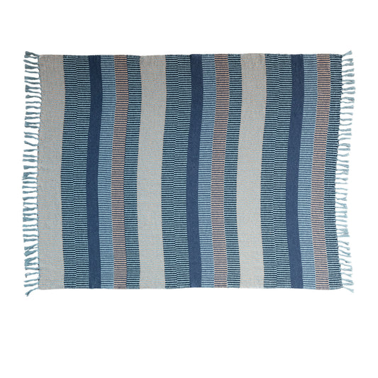 Blue Ridge blue and natural striped woven recycled cotton throw blanket with fringe
