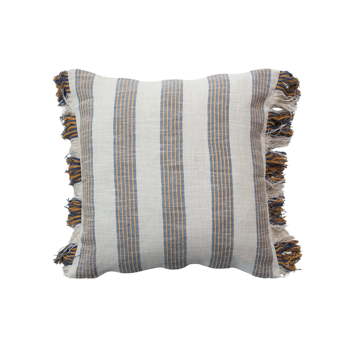 20 inch Harvest Stripe woven cotton throw pillow with natural blue and golden yellow stripes and fringe