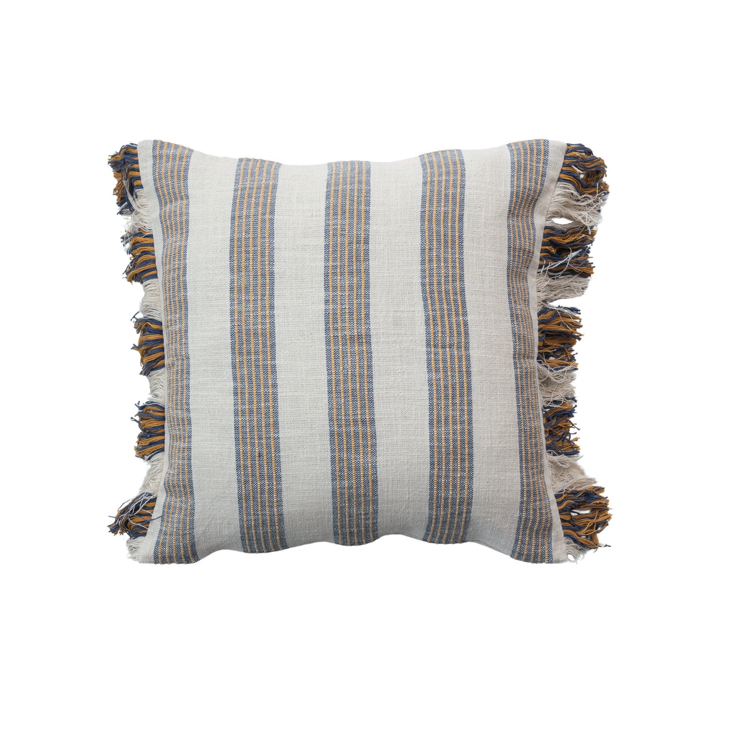 20 inch Harvest Stripe woven cotton throw pillow with natural blue and golden yellow stripes and fringe
