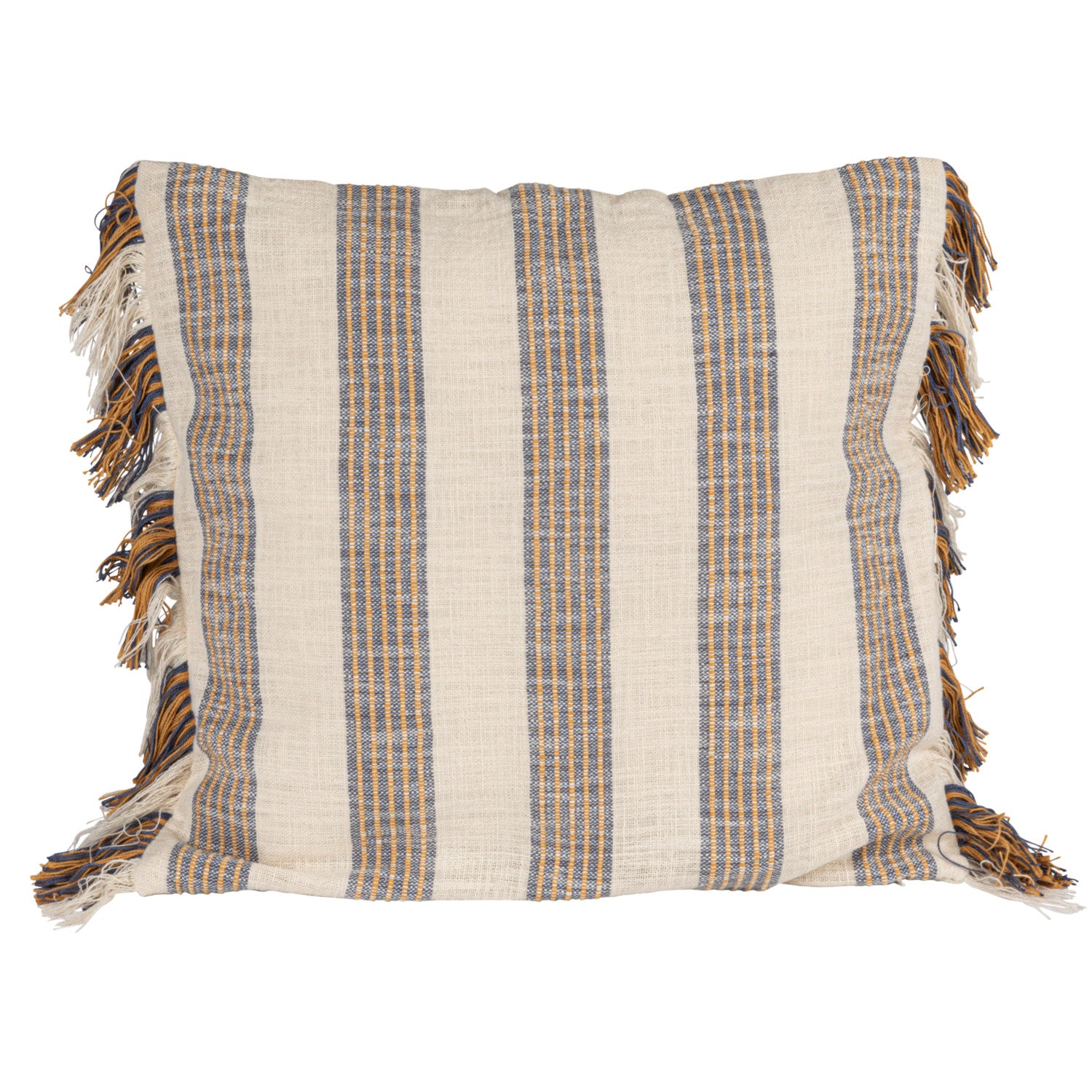 20 inch Harvest Stripe woven cotton throw pillow with natural blue and golden yellow stripes and fringe