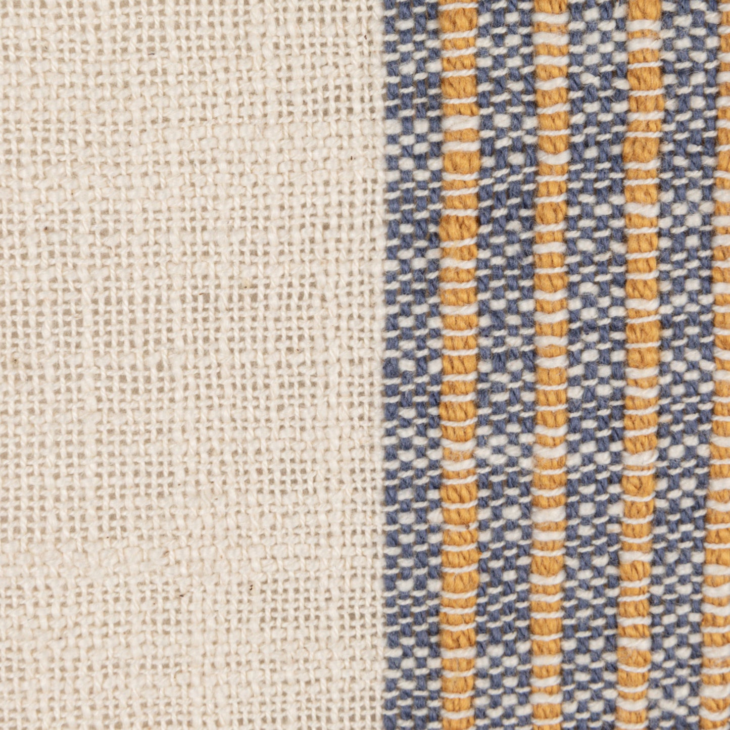20 inch Harvest Stripe woven cotton throw pillow with natural blue and golden yellow stripes and fringe