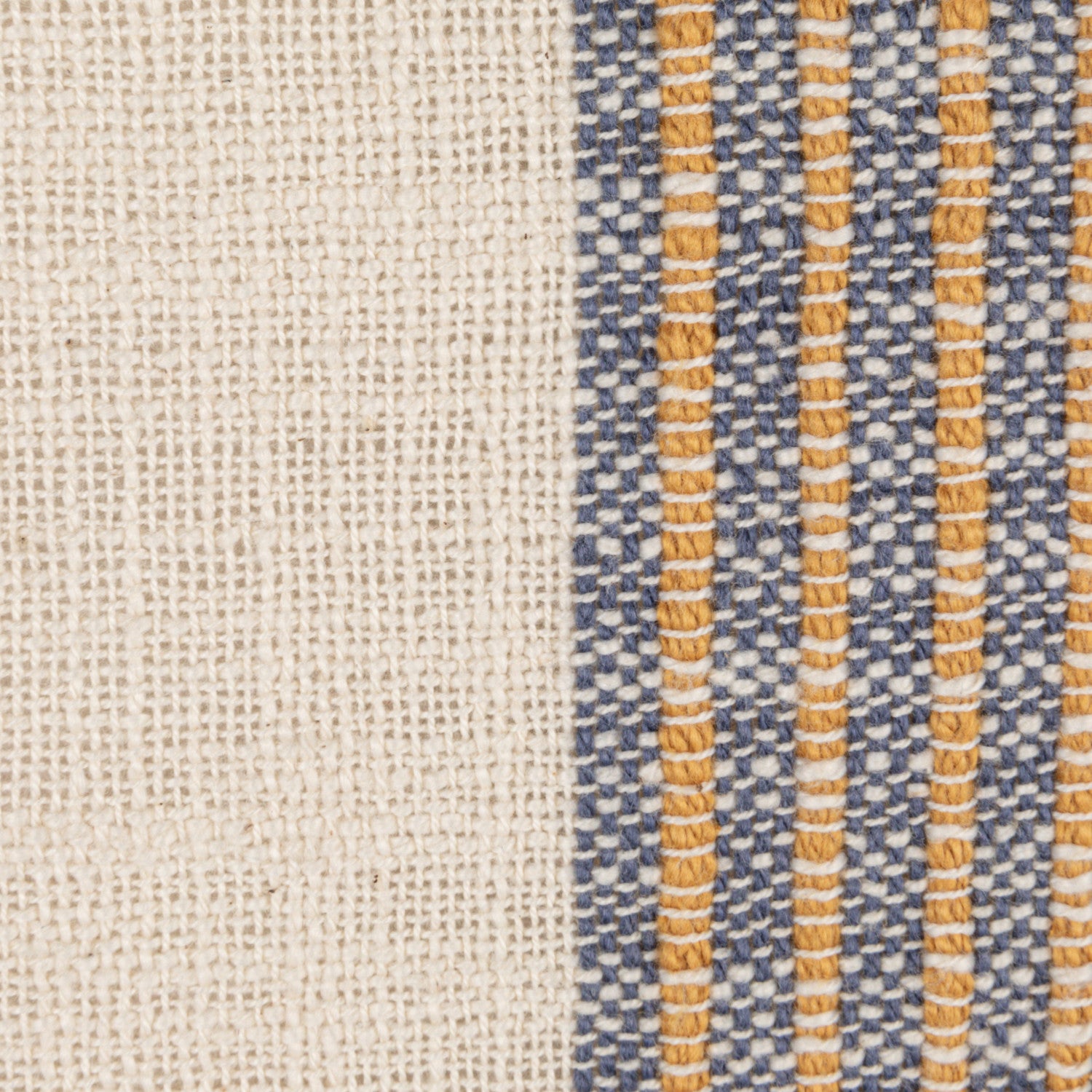20 inch Harvest Stripe woven cotton throw pillow with natural blue and golden yellow stripes and fringe