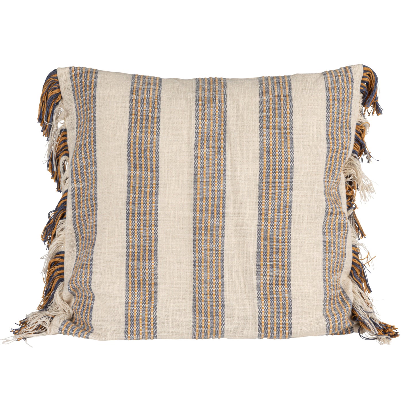 20 inch Harvest Stripe woven cotton throw pillow with natural blue and golden yellow stripes and fringe