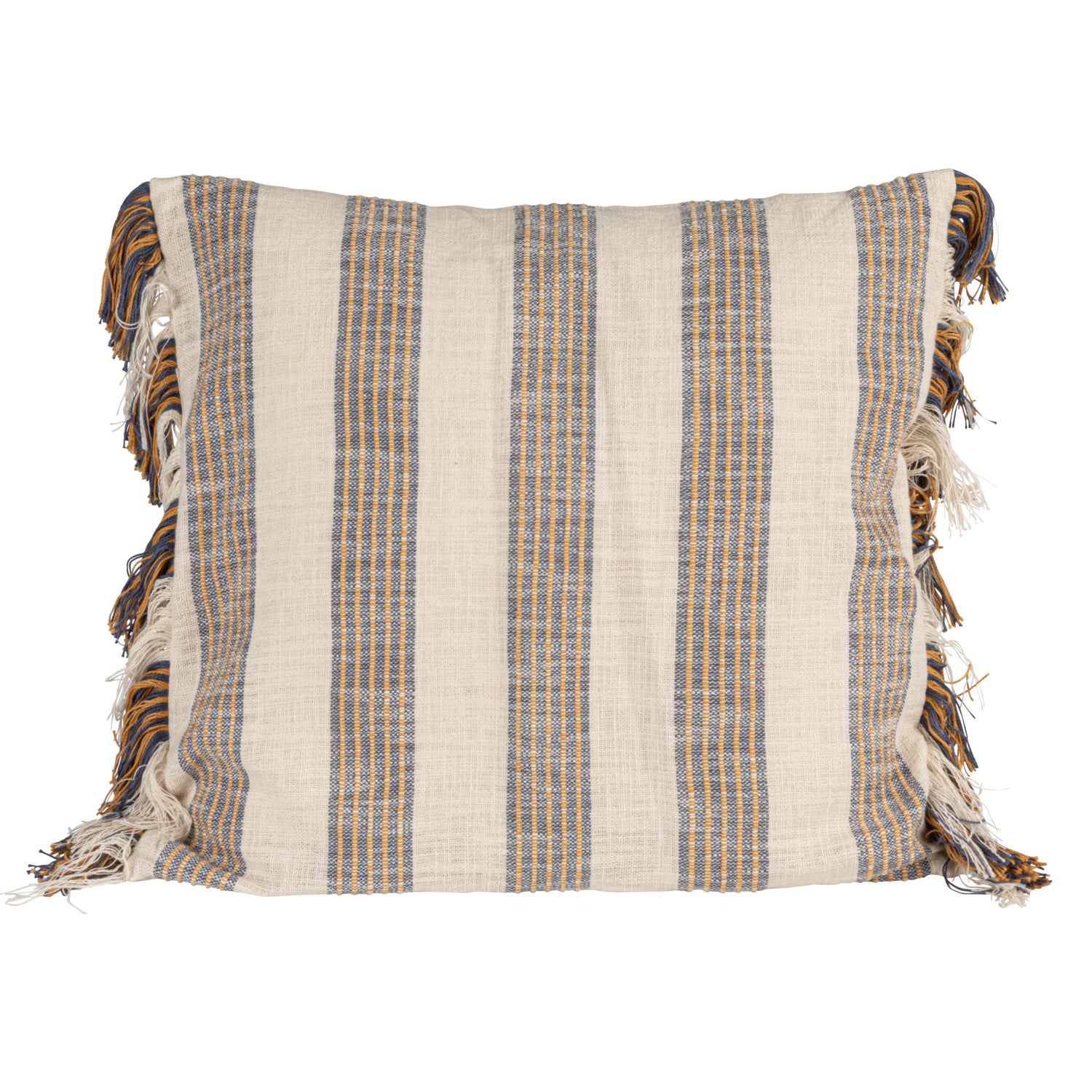 20 inch Harvest Stripe woven cotton throw pillow with natural blue and golden yellow stripes and fringe