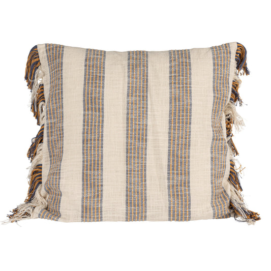 20 inch Harvest Stripe woven cotton throw pillow with natural blue and golden yellow stripes and fringe