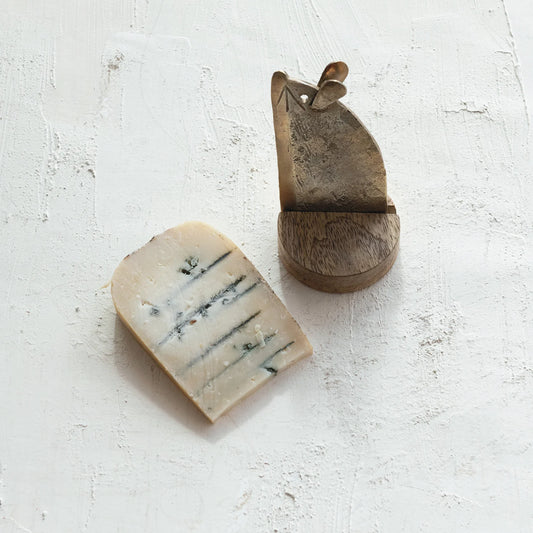 Hand Forged Metal Mouse Shaped Cheese Knife w/ Mango Wood Stand