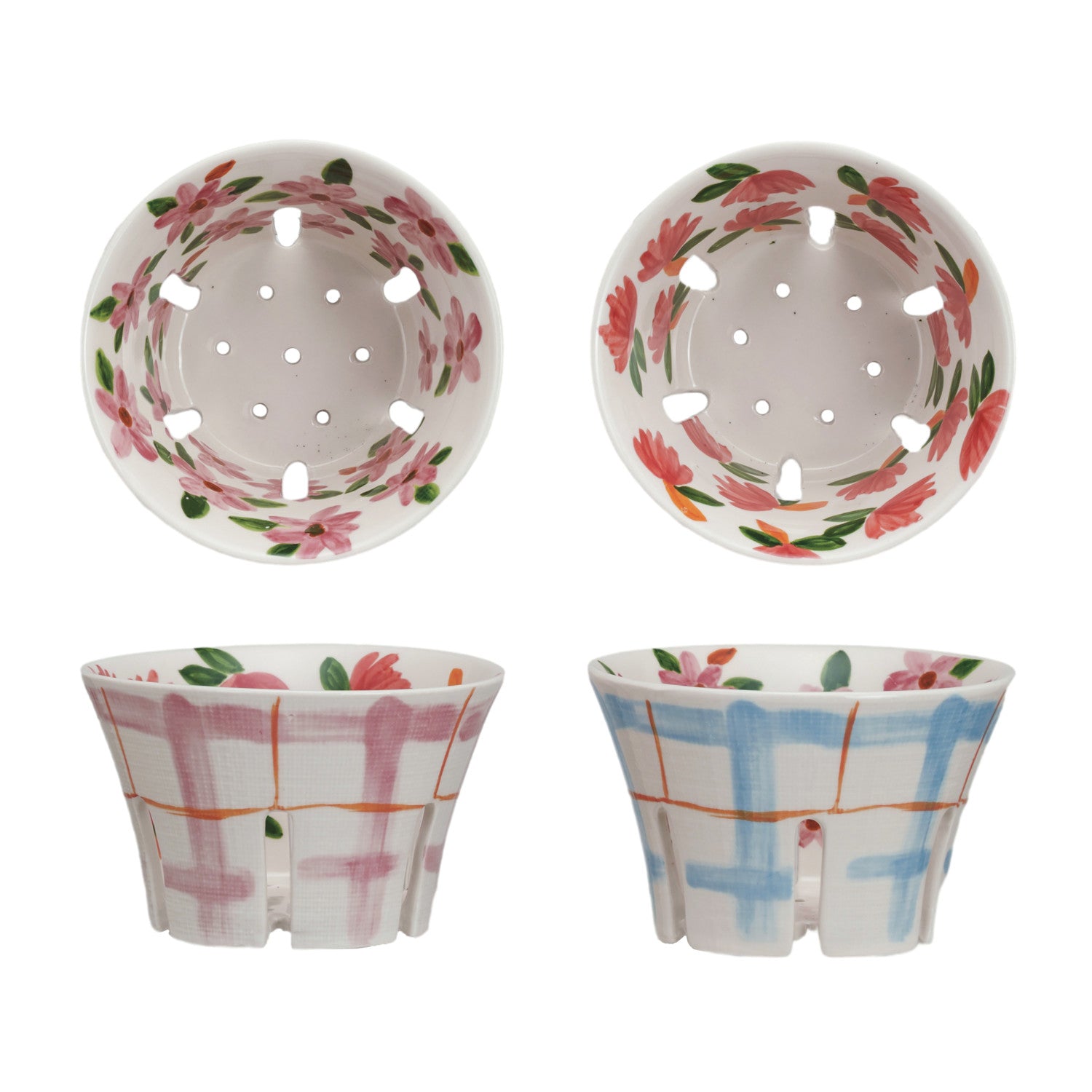Garden Plaid hand-painted stoneware berry bowls with pink and blue plaid and floral designs