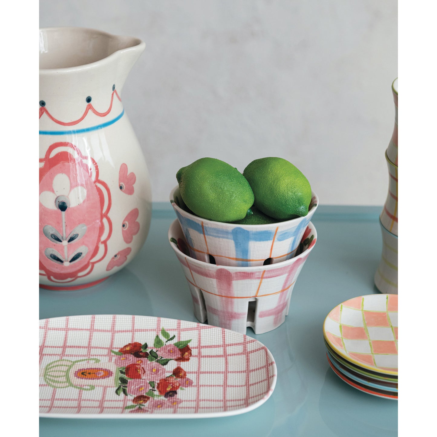 Garden Plaid hand-painted stoneware berry bowls with pink and blue plaid and floral designs