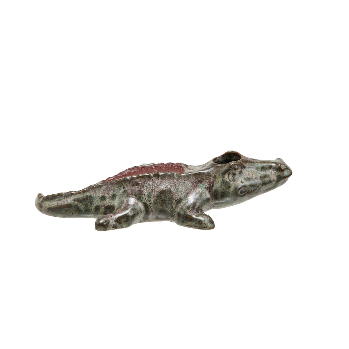 Green stoneware alligator match holder with built-in striker and reactive glaze