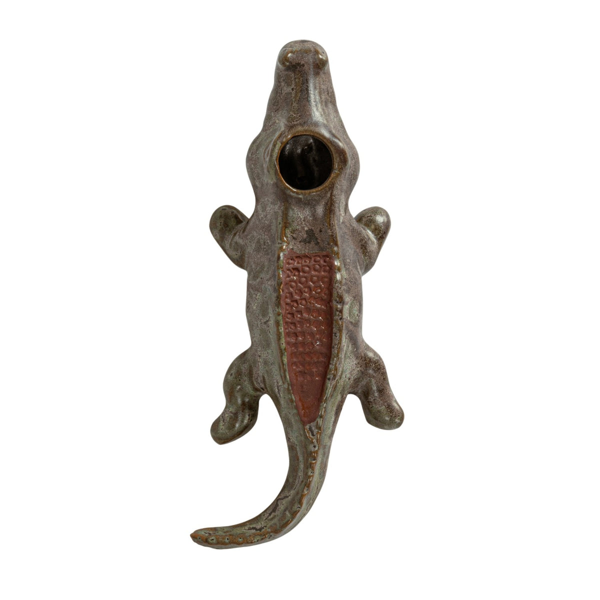 Top view of Bayou alligator match holder showing match opening and striker
